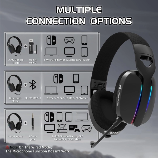 Трирежимна гарнітура ATTACK SHARK L90 BT/2.4G/ 40 мм динаміки,Чорний колір