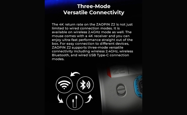 Zaopin Z2 4K, ігрова бездротова миша трирежимнина Bluetooth/ 2,4 ГГц/ USB-C  Біла