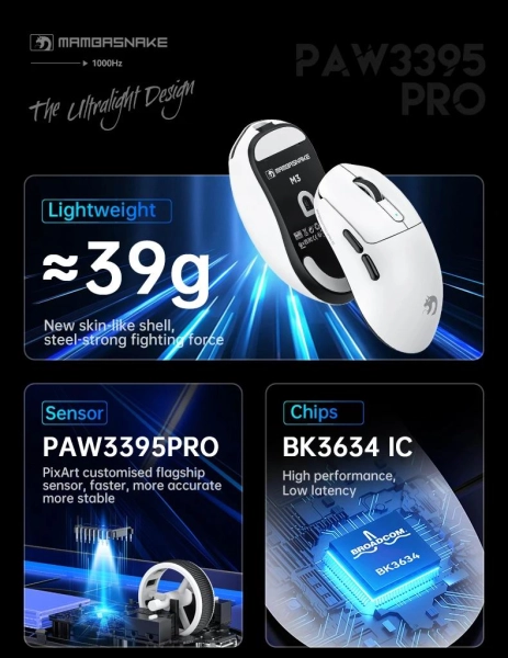 Ігрова Миша MAMBASNAKE M3 Спіральний кабель, PAW3395PRO, 40 000 DPI, мікроперемикач Omron
