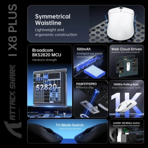 Миша ATTACK SHARK X8 Plus PAW3395PRO з трьома режимами 2.4G/USB-C з кабелем/Bluetooth Чорна