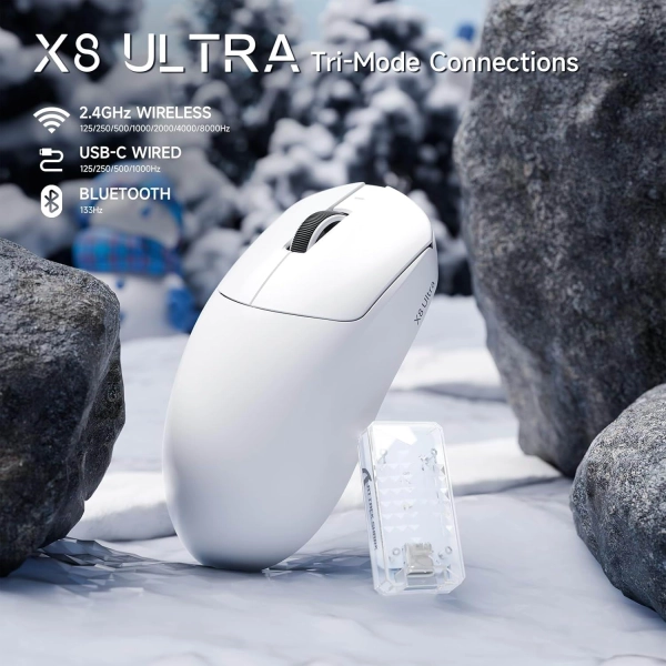 Миша ATTACK SHARK X8 ULTRA 42000 DPI PAW3950MAX,8K 2.4G/USB-C з кабелем/Bluetooth White