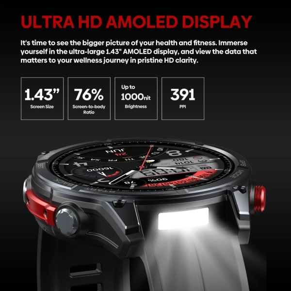 Смарт-годинник Vertix Stratos 4 GPS, 1.43-дюймовий AMOLED-дисплей, 5 атм Чорний