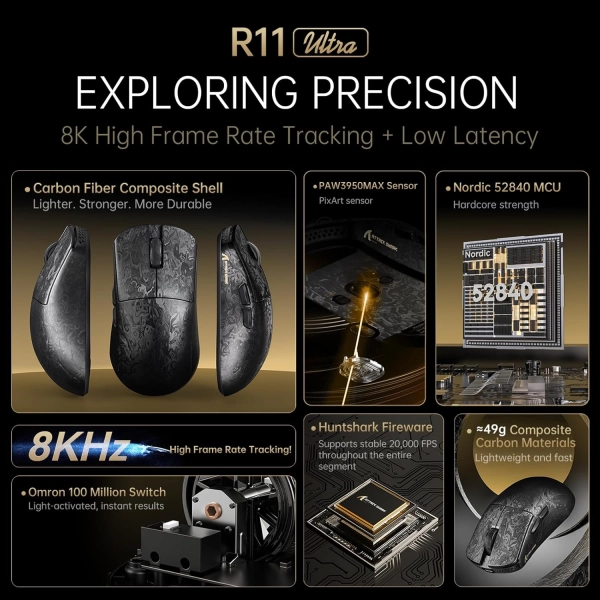 Миша ATTACK SHARK R11 ULTRA 42000 DPI, PAW3950 MAX, Carbon Fiber, 8K,Black