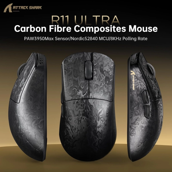 Миша ATTACK SHARK R11 ULTRA 42000 DPI, PAW3950 MAX, Carbon Fiber, 8K,Black
