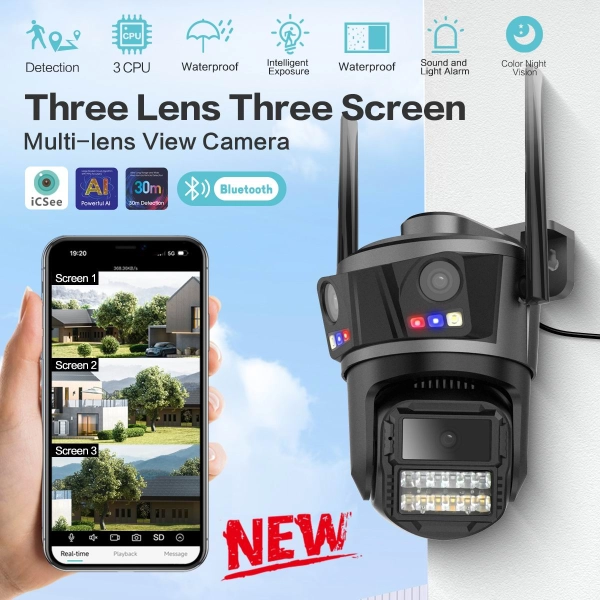 Зовнішня 9MP IP WiFi камера QEARIM EP20-SP9M ICSEE 3 Лінзи автостеження за людиною