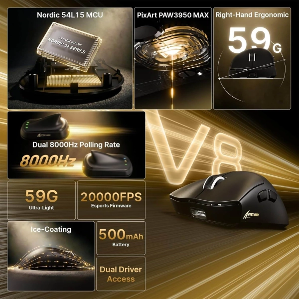 Безпровідна мишка ATTACK SHARK V8 42000 DPI PAW3950MAX Nordic 54L15 8K Black
