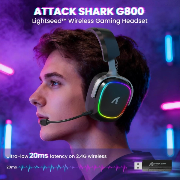 Навушники ATTACK SHARK G800, об'ємний звук 7.1, Bluetooth/2.4G для ПК, PS5, PS4, Xbox Чорного кольору